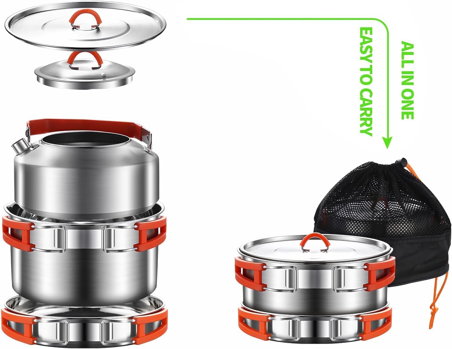 Camping Cooking Set, Camping Cookware Set, 304 Stainless Steel Camping Pots and Pans Set, Includes Pot Nonstick Frying Pan Kettle in Mesh Bag for Hiking Outdoor Cooking Backpack for 1-2 Men - Image 2