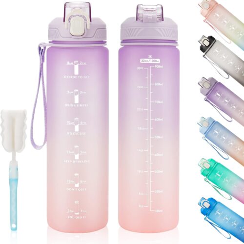 Motivational Water Bottle with Time Marker- 32oz Water Bottles with Times to Drink, Leakproof & BPA Free Sports Water Bottle with Straw & Carry Strap for Fitness, Gym, and Outdoor Sports