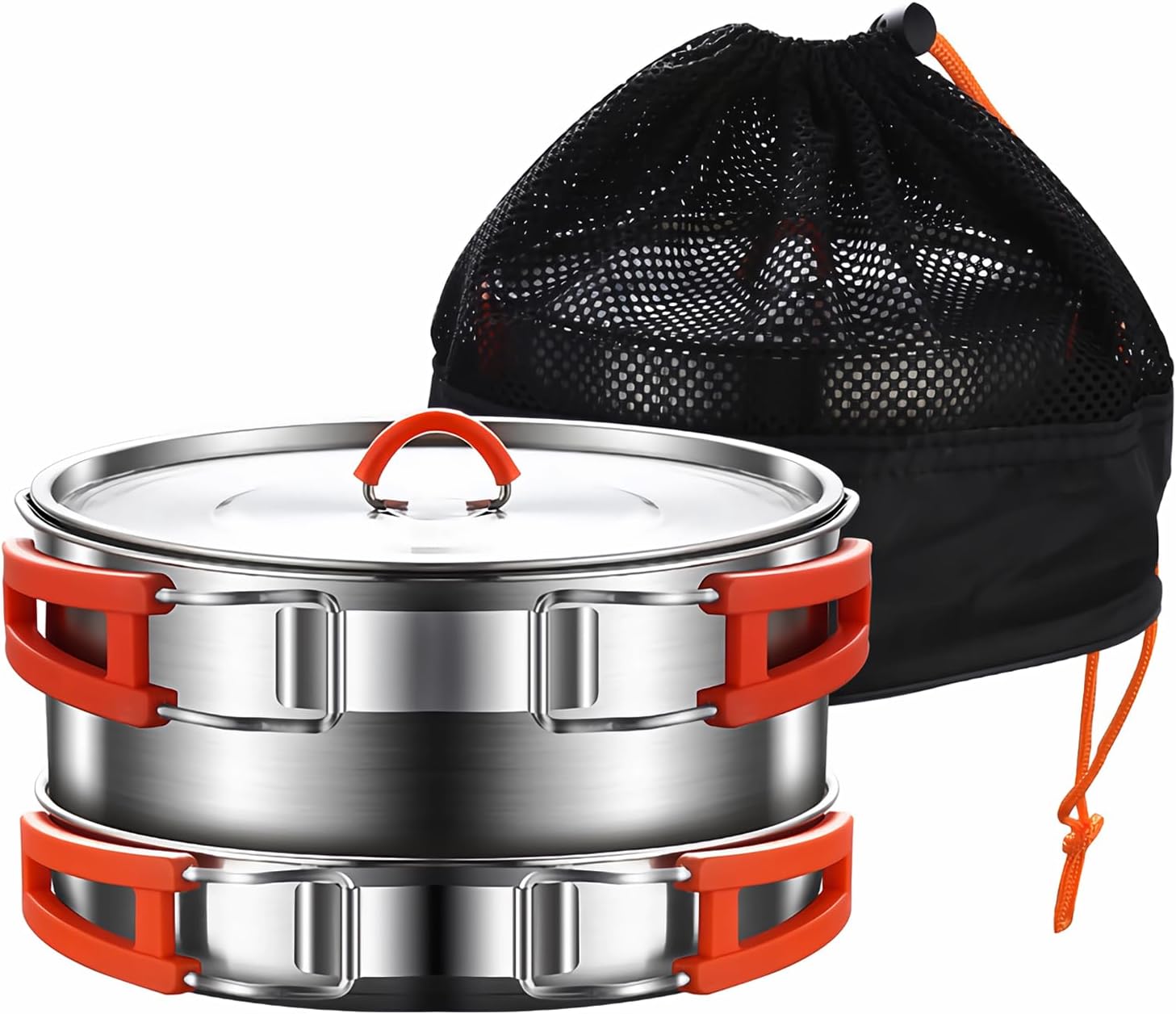 Camping Cooking Set, Camping Cookware Set, 304 Stainless Steel Camping Pots and Pans Set, Includes Pot Nonstick Frying Pan Kettle in Mesh Bag for Hiking Outdoor Cooking Backpack for 1-2 Men