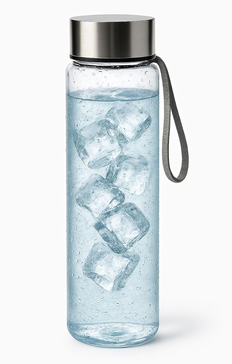 18 oz Clear Plastic Water Bottle with Stainless Steel Screw Cap - Reusable, Leakproof, BPA Free Sports Bottle with Carrying Strap Over Lid (Modern)