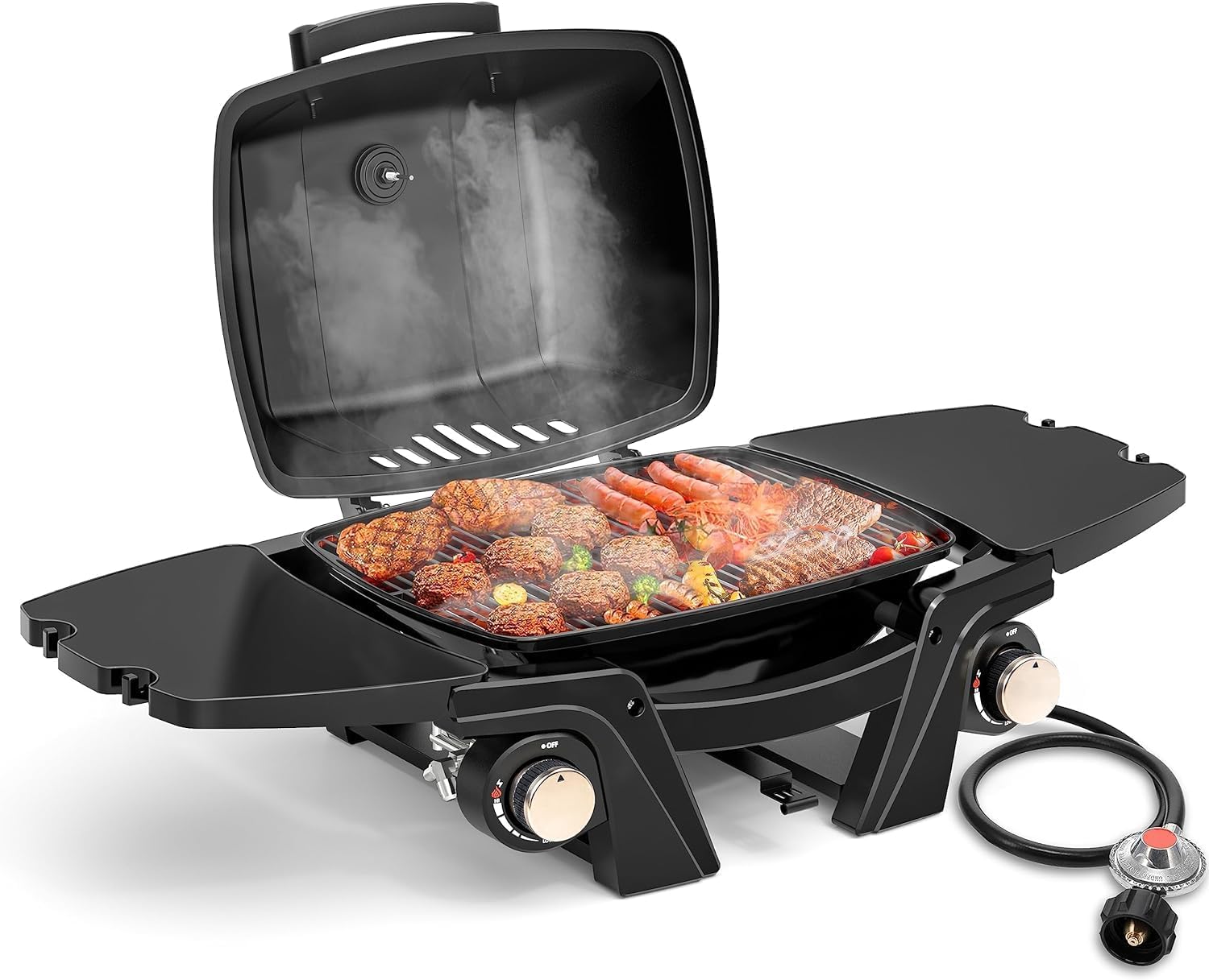 Gas Grill Portable Propane Grill, Tabletop Grill Propane, Outdoor BBQ Grill Camping Grill with Two Burners, Removable Side Tables, Built in Thermometer, Black