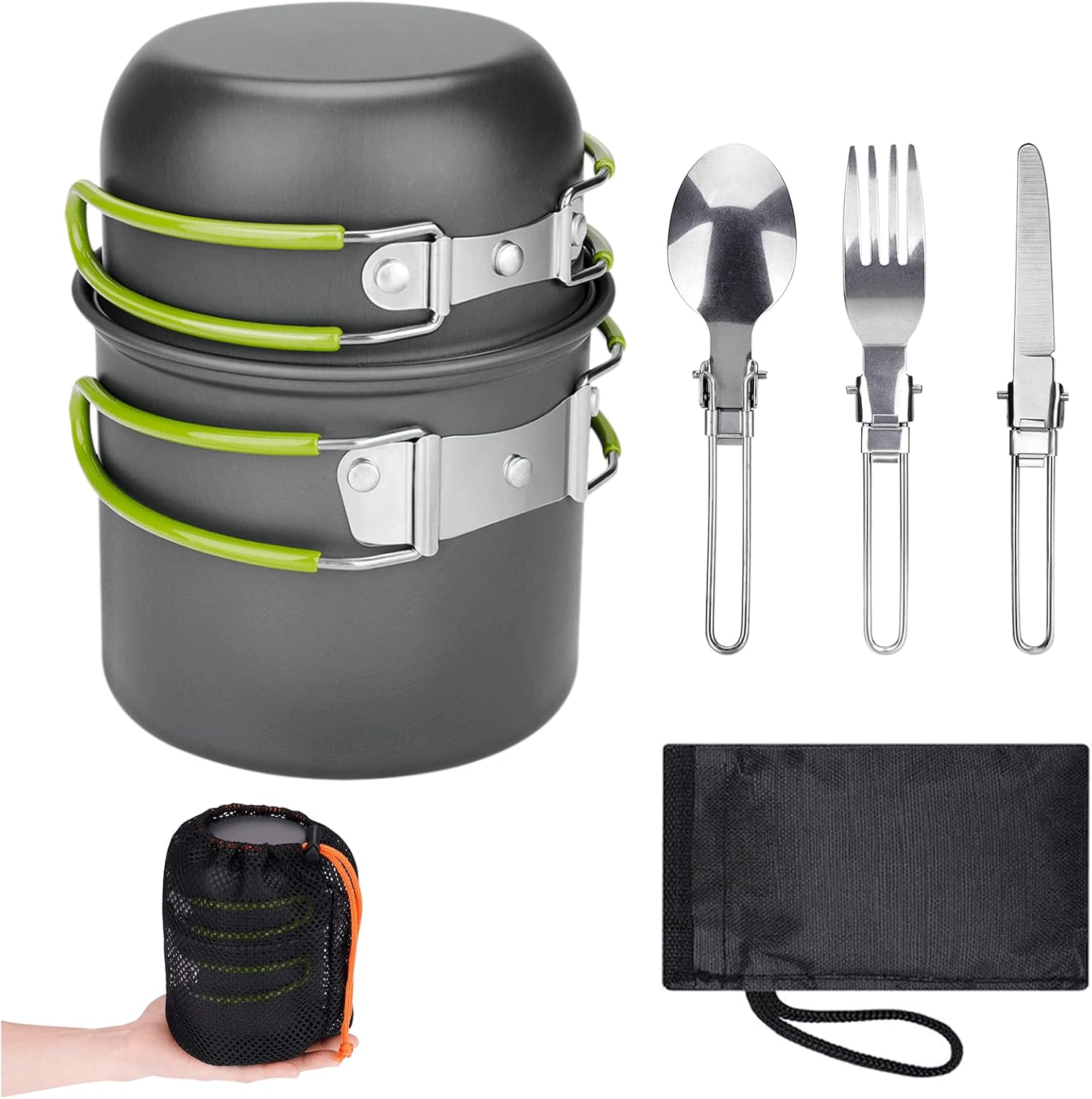 Camping Cookware Set, Aluminium Camping Pot, Outdoor Cookware with Foldable Cutlery, Camping Tableware for 2 People, Camping Tableware for Hiking, Fishing, Picnic, Certified