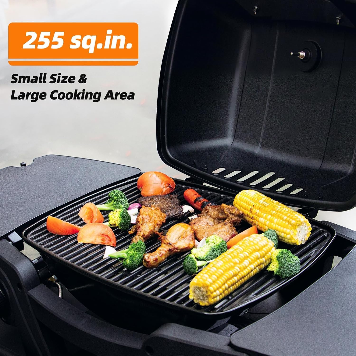 Gas Grill Portable Propane Grill, Tabletop Grill Propane, Outdoor BBQ Grill Camping Grill with Two Burners, Removable Side Tables, Built in Thermometer, Black - Image 2
