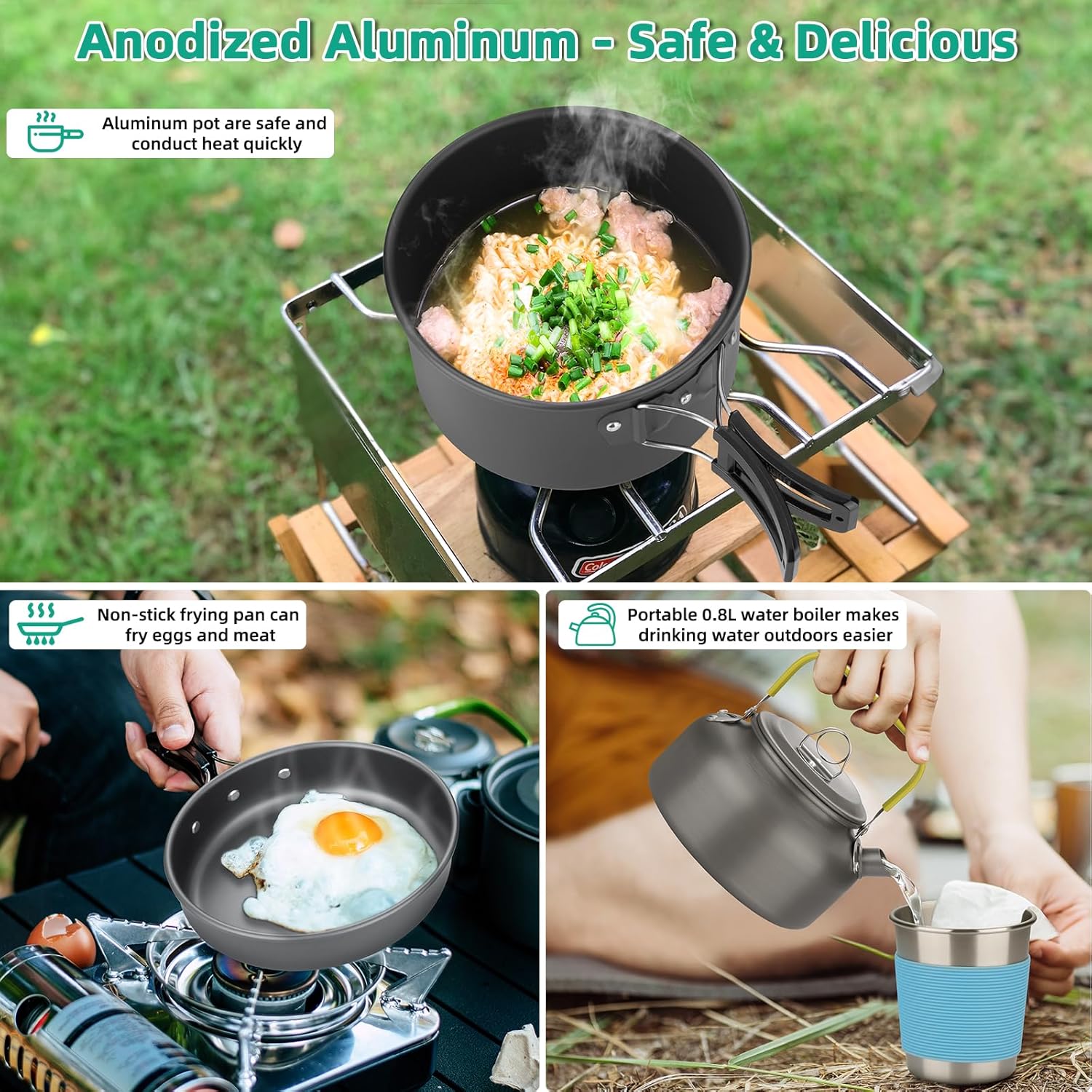 Camping Cookware Set, Portable Camping Mess Kit with Non-Stick PotsPans Set and Folding Fork, Lightweight Backpacking cookware Cooking Set for Outdoor/Camping/Hiking/Picnic - Image 2