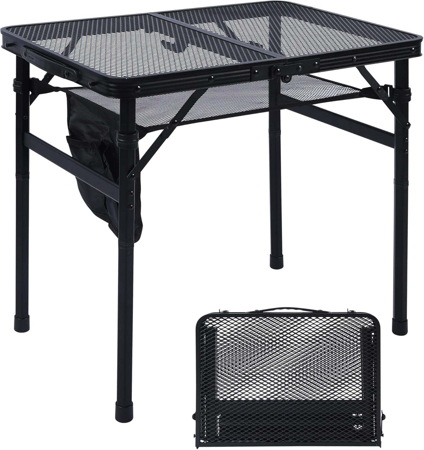 Camping Table, 2x1.3 FT Portable Folding Grill Table, Lightweight Height Adjustable Metal Table with Mesh Desktop and Mesh Bag, Outdoor Table for Camping, Picnic, Beach and BBQ, Black